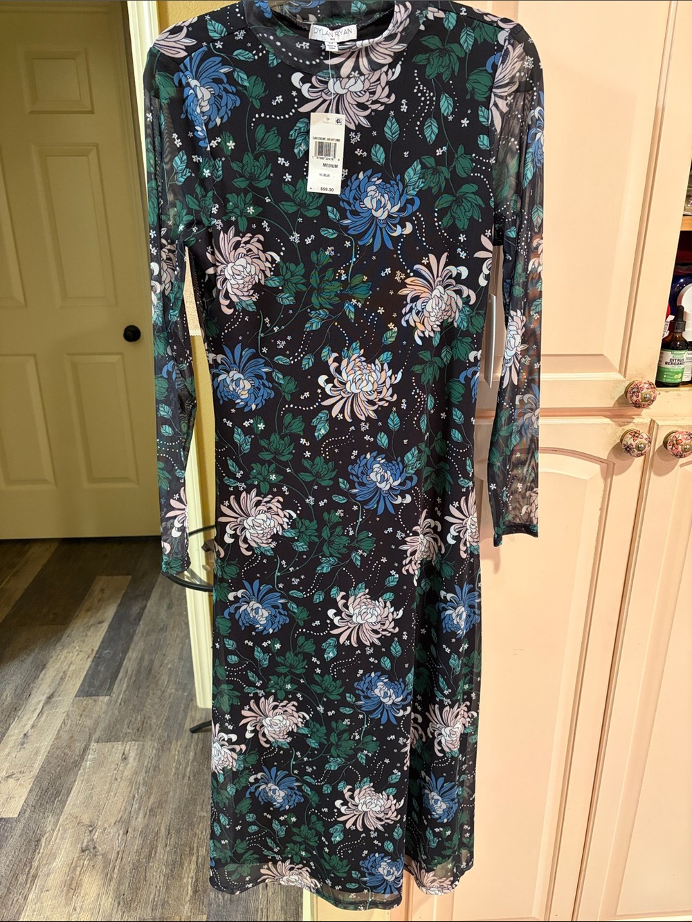 Long-Sleeve Floral Midi Dress in Navy with Green and Blue
